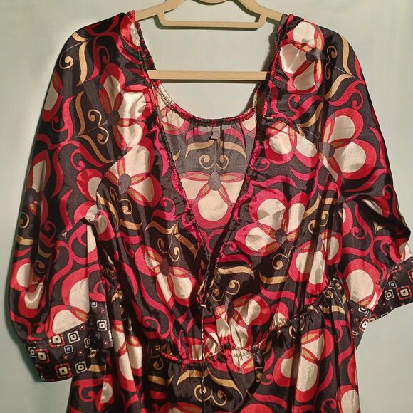 Retro Floral Print Tunic Blouse – 70s Style Satin Top with Drawstring Waist - Picture 2 of 4